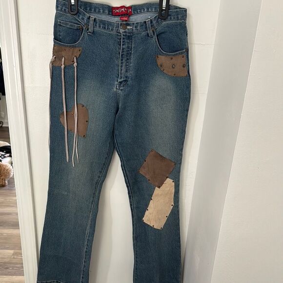 Rare Solo Blue and Brown Flare Jeans with Unique Patchwork Size 12 - Picture 1 of 8